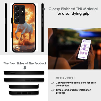 Majestic White Horse Sunset - Glossy Metal Silicone Cases for Samsung Models