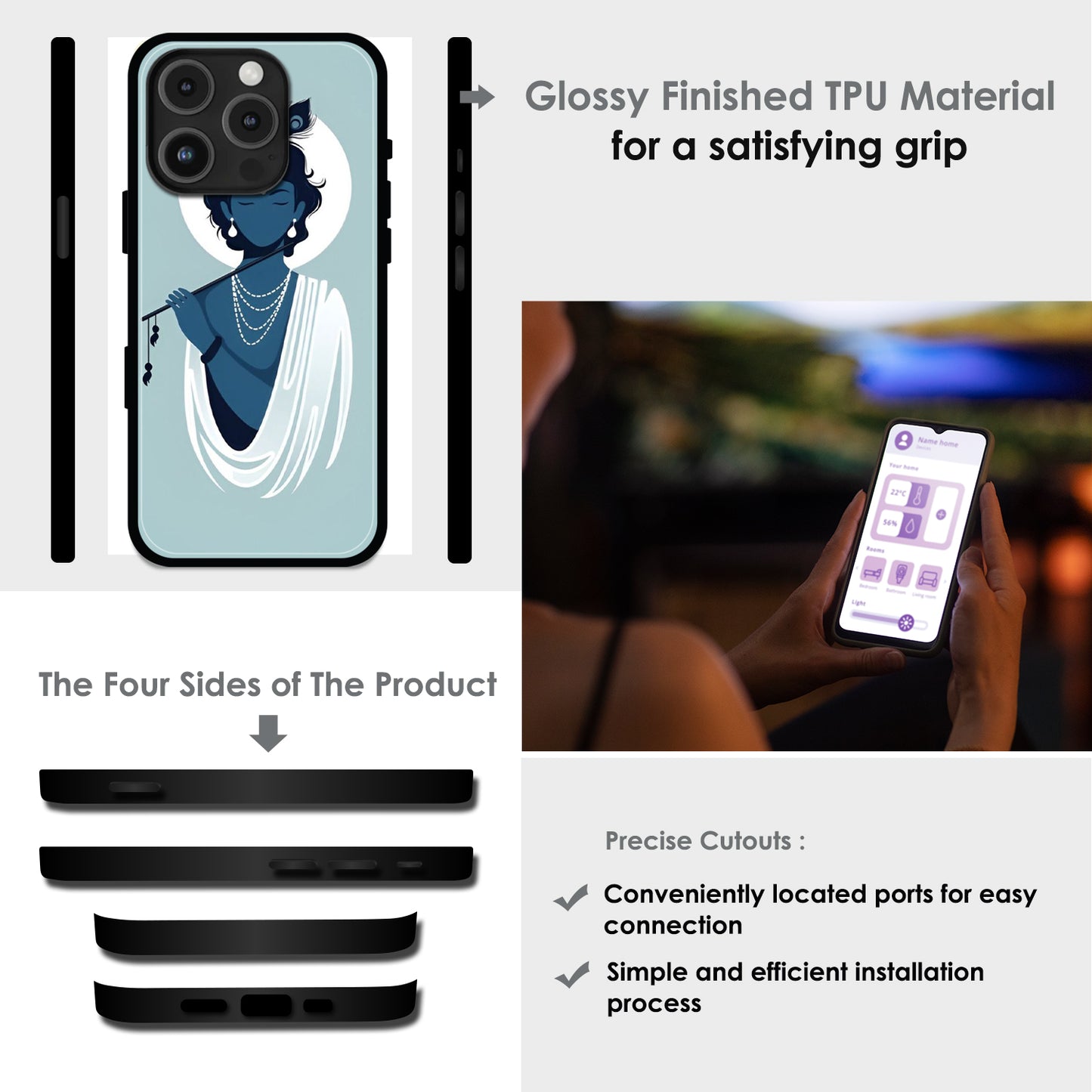 Minimal Krishna Flute Art - Glossy Metal Silicone Cases for Apple iPhone