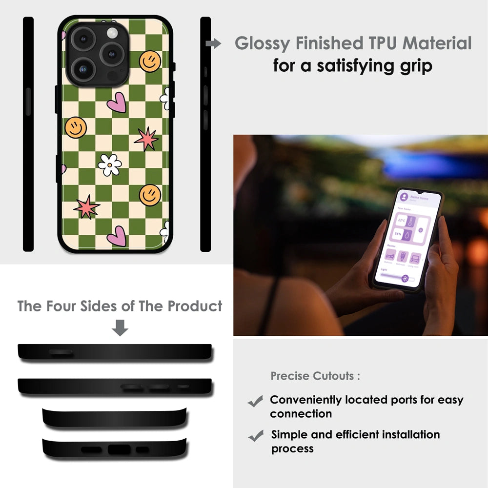 Checkerboard Smile Daisy Heart - Glossy Metal Silicone Case For Apple iPhone Infographic
