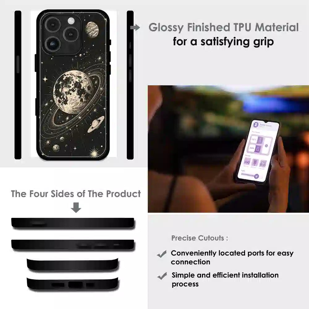 Celestial Planet Orbit - Glossy Metal Silicone Case For Apple iPhone Infographic