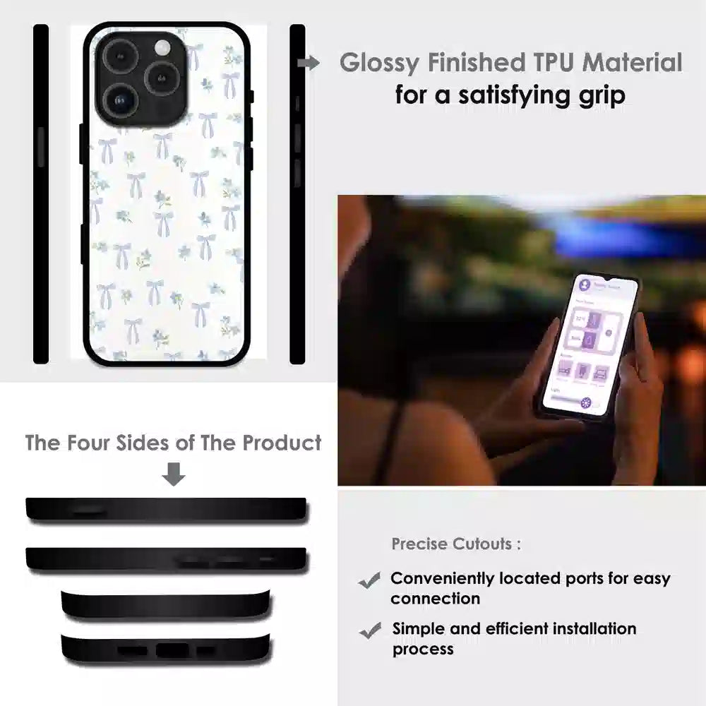 Soft Blue Bow Floral - Glossy Metal Silicone Case For Apple iPhone Infographic