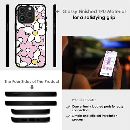 Pink Daisy Floral Pop - Glossy Metal Silicone Case For Apple iPhone Infographic