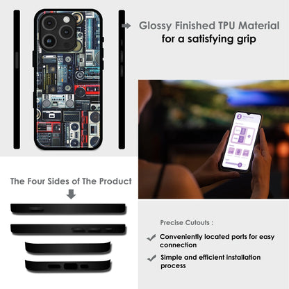 Retro Boombox Music Pattern - Glossy Metal Silicone Case For Apple iPhone Infographic