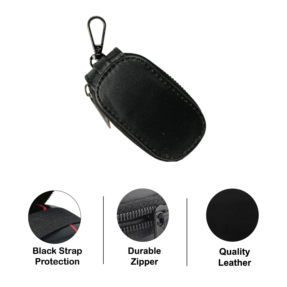 Black Leather Zipper Pouch with Keychain Hook for Earphones, Keys & Small Accessories Infographic