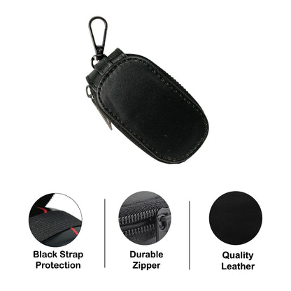 Black Leather Zipper Pouch with Keychain Hook for Earphones, Keys & Small Accessories Infographic