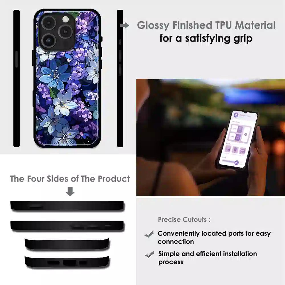Midnight Blue Floral Garden - Glossy Metal Silicone Case For Apple iPhone Infographic