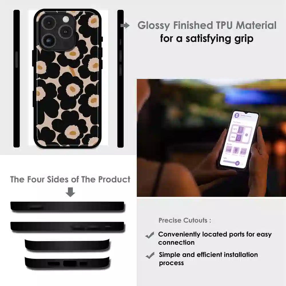Bold Black Daisy Bloom - Glossy Metal Silicone Case For Apple iPhone Infographic