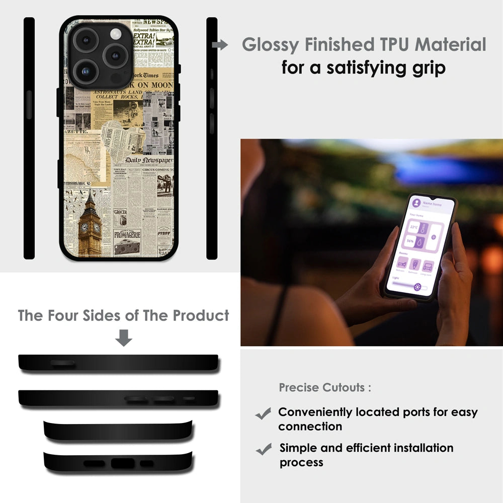 Vintage Newspaper Collage - Glossy Metal Silicone Case For Apple iPhone Infographic