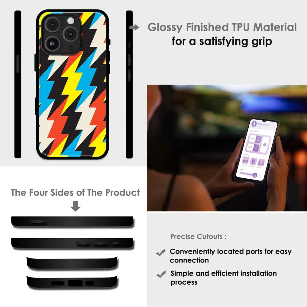 Retro Lightning Bolt Pattern - Glossy Metal Silicone Case For Apple iPhone Infographic