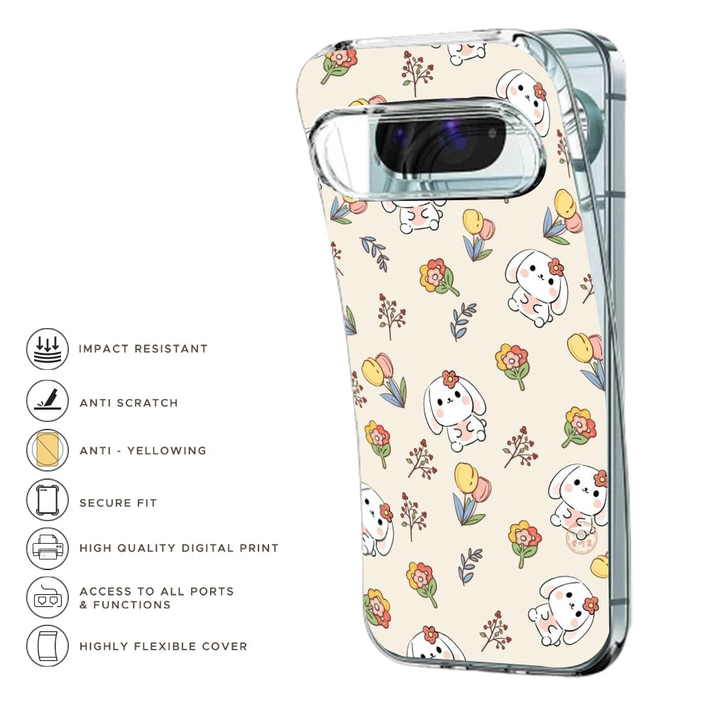 Cute Bunny & Flowers - Printed Silicone Case For Google Pixel Infographic