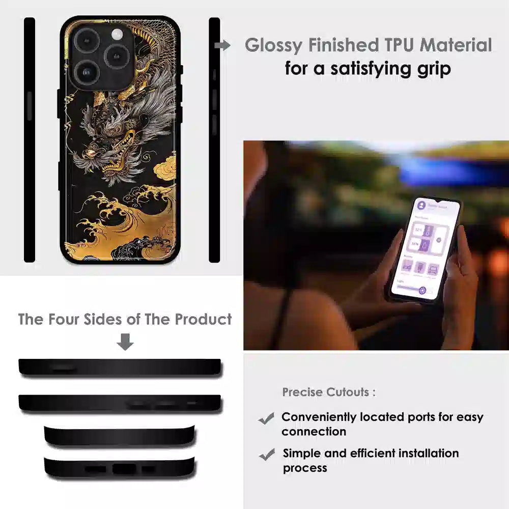 Golden Dragon Japanese Art - Glossy Metal Silicone Case For Apple iPhone Infographic
