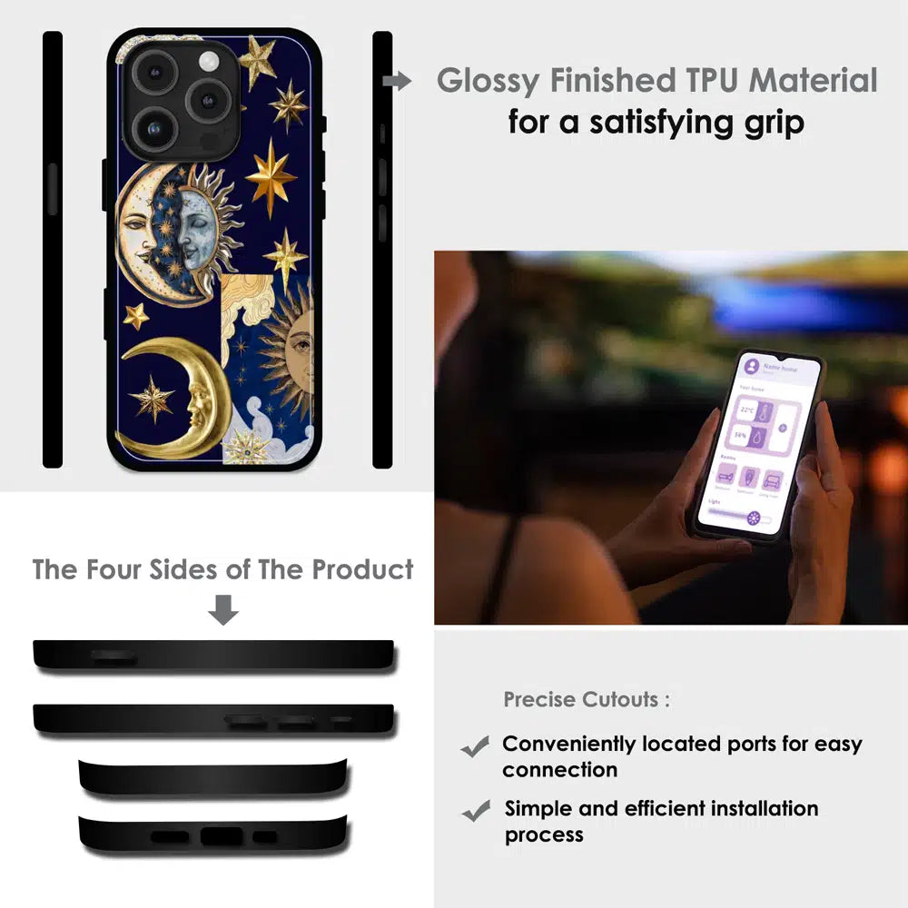 Celestial Sun Moon Collage - Glossy Metal Silicone Case For Apple iPhone Infographic