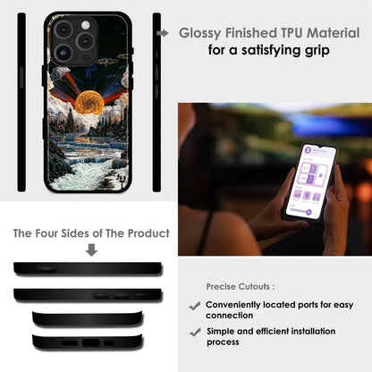 Cosmic Fantasy Sun Landscape - Glossy Metal Silicone Case For Apple iPhone Infographic