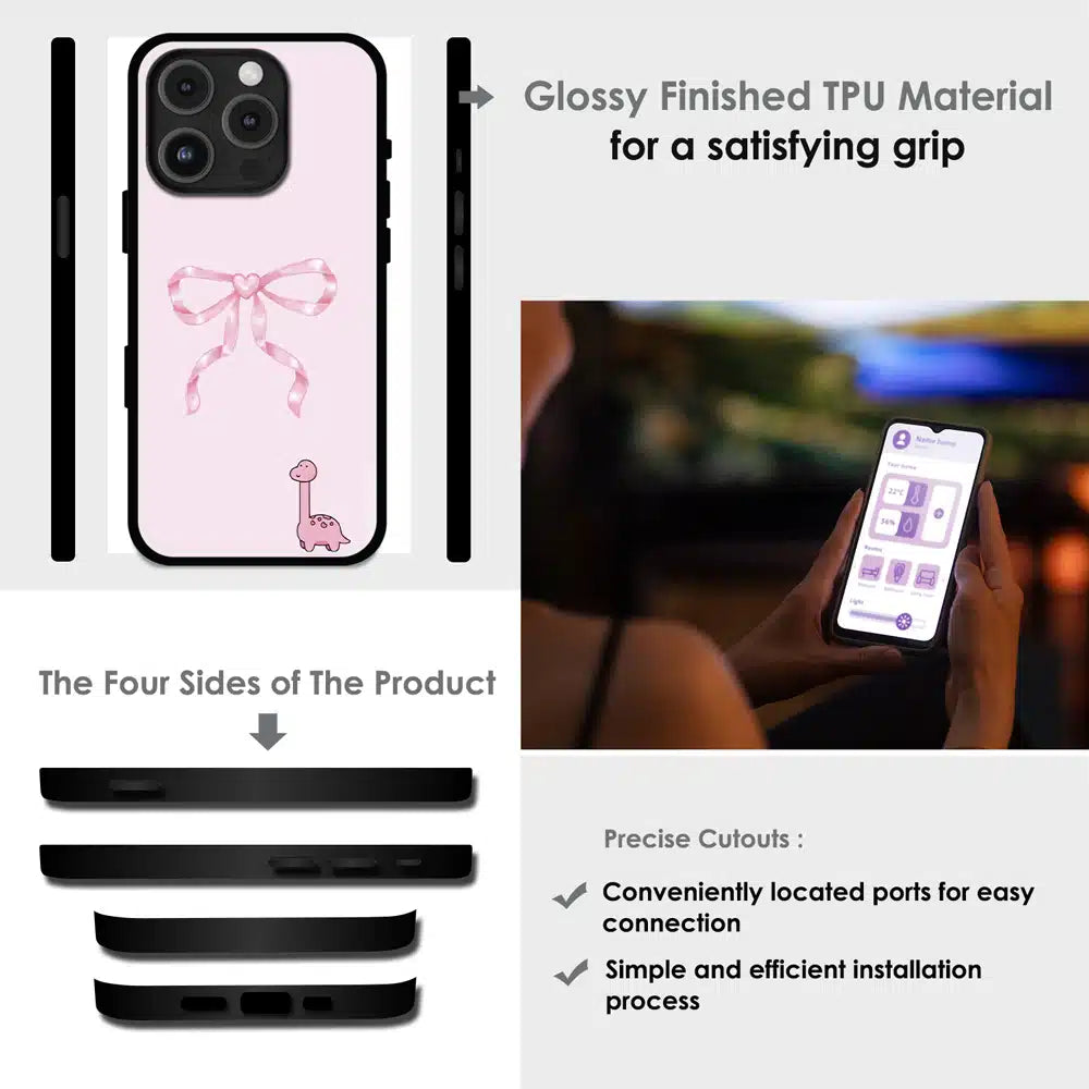 Cute Pink Dino Bow - Glossy Metal Silicone Case For Apple iPhone Infographic