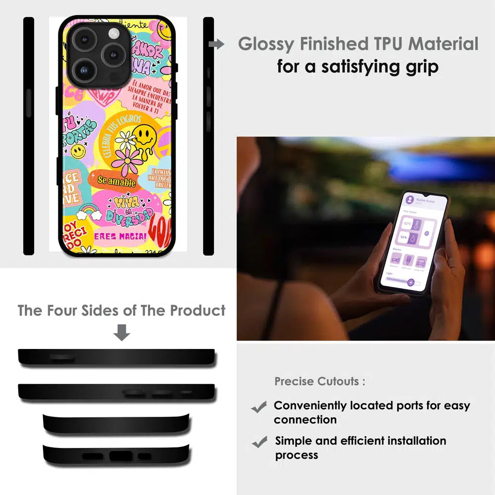 Colorful Amor Positivity Collage - Glossy Metal Silicone Case For Apple iPhone Infographic