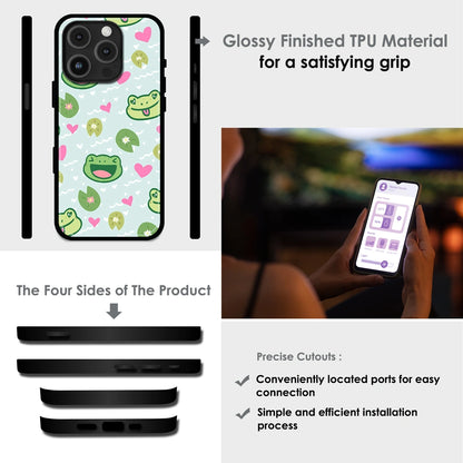 Cute Frog & Heart Pattern - Glossy Metal Silicone Case For Apple iPhone Infographic