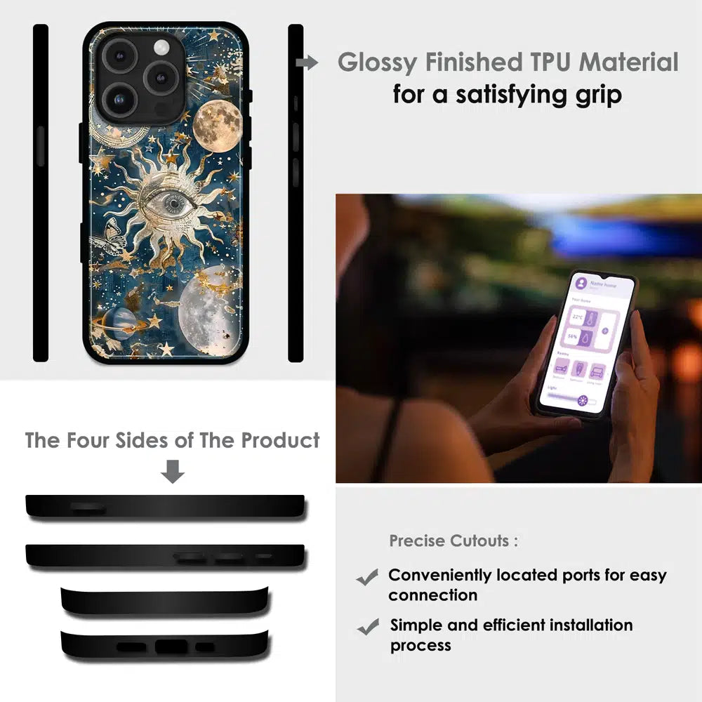 Mystic Cosmic Eye Galaxy - Glossy Metal Silicone Case For Apple iPhone Infographic