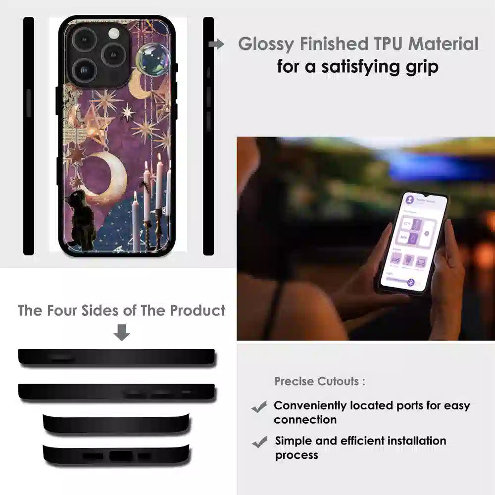 Celestial Moon Cat Art - Glossy Metal Silicone Case For Apple iPhone Infographic