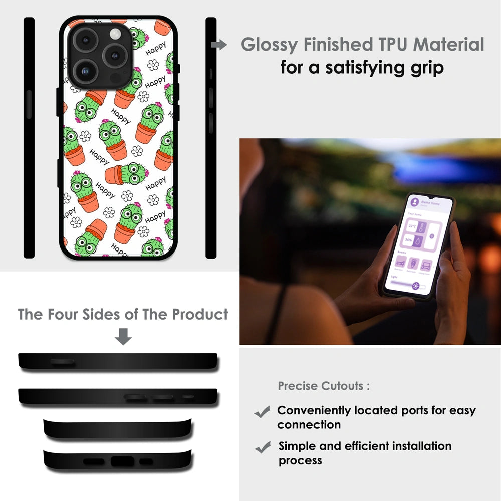 Cute Cactus Happy - Glossy Metal Silicone Case For Apple iPhone Infographic