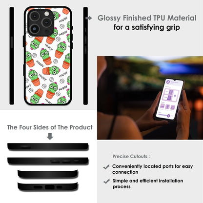 Cute Cactus Happy - Glossy Metal Silicone Case For Apple iPhone Infographic