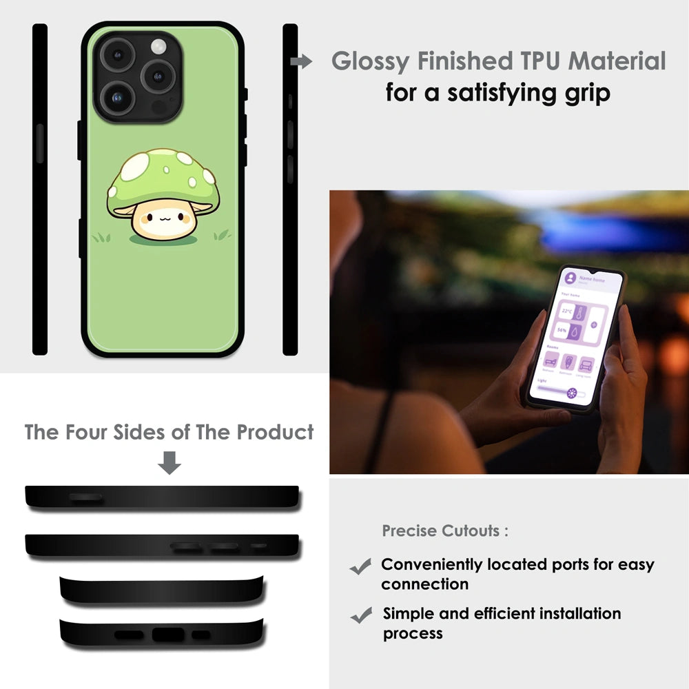 Cute Mushroom Character - Glossy Metal Silicone Case For Apple iPhone Infographic