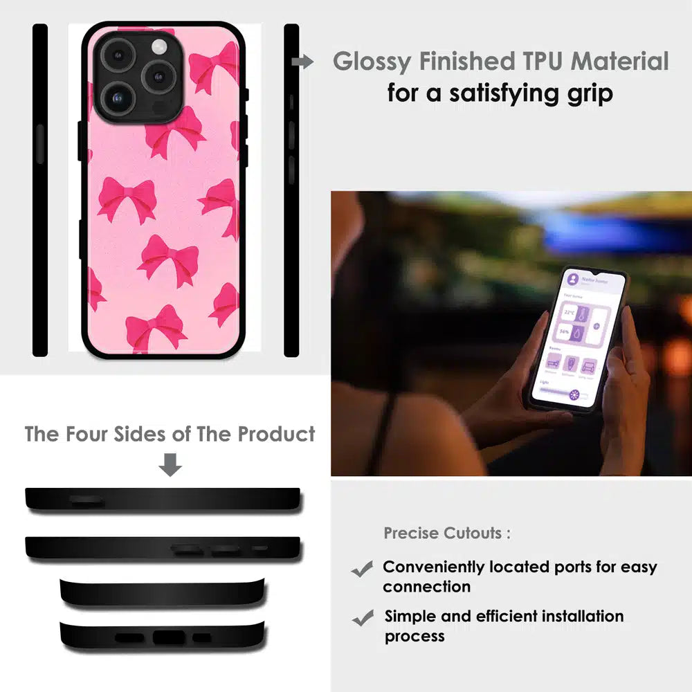 Pink Bow Aesthetic Pattern - Glossy Metal Silicone Case For Apple iPhone Infographic