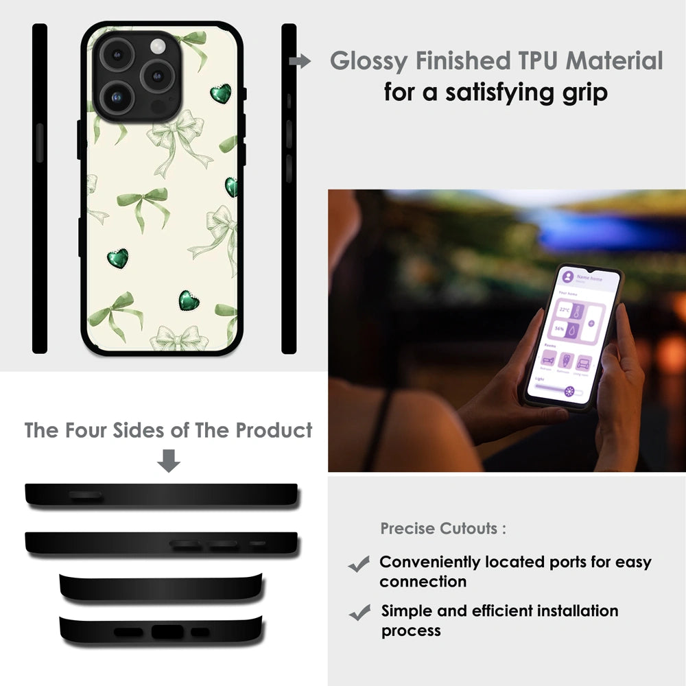 Elegant Green Bow & Heart Pattern - Glossy Metal Silicone Case For Apple iPhone Infographic