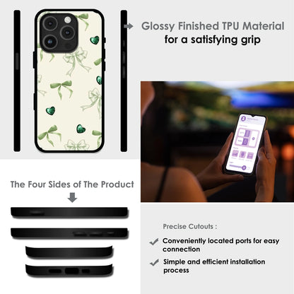 Elegant Green Bow & Heart Pattern - Glossy Metal Silicone Case For Apple iPhone Infographic