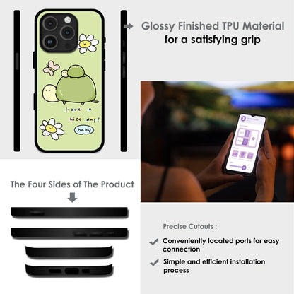'Cute Turtle & Daisy “Have a Nice Day” - Glossy Metal Silicone Case For Apple iPhone Infographic