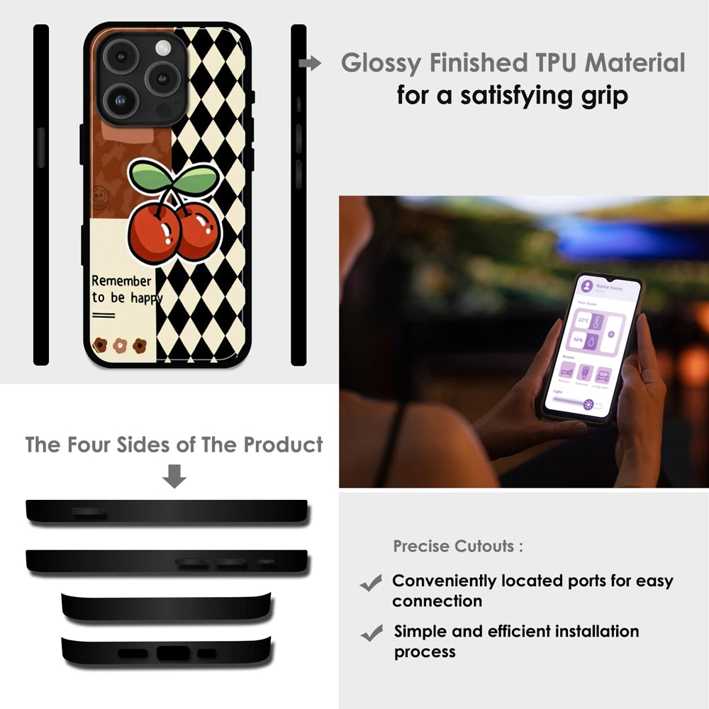 'Cherry “Remember to Be Happy” - Glossy Metal Silicone Case For Apple iPhone Infographic