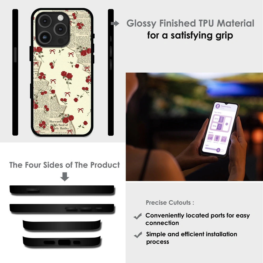 Floral Newspaper Aesthetic - Glossy Metal Silicone Case For Apple iPhone Infographic
