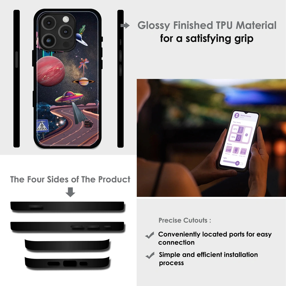 Cosmic Aesthetic - Glossy Metal Silicone Case For Apple iPhone Infographic