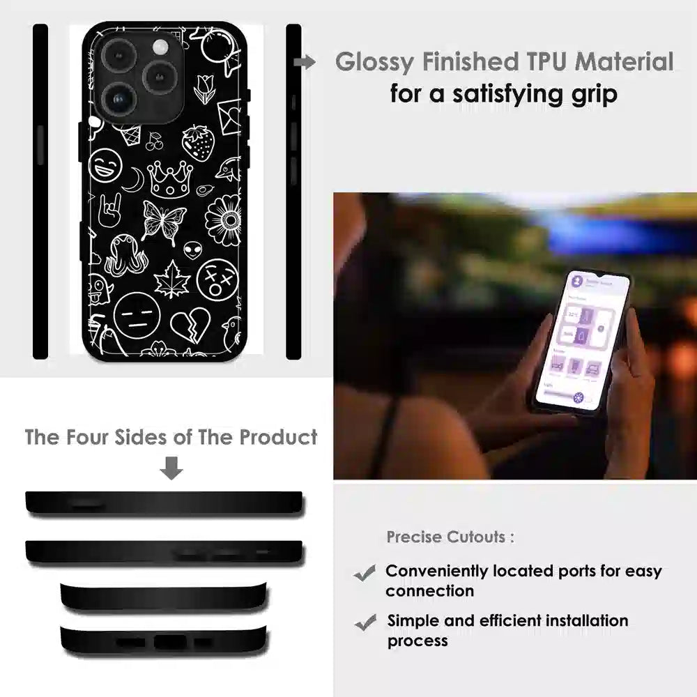 Black Doodle Icons Pattern - Glossy Metal Silicone Case For Apple iPhone Infographic