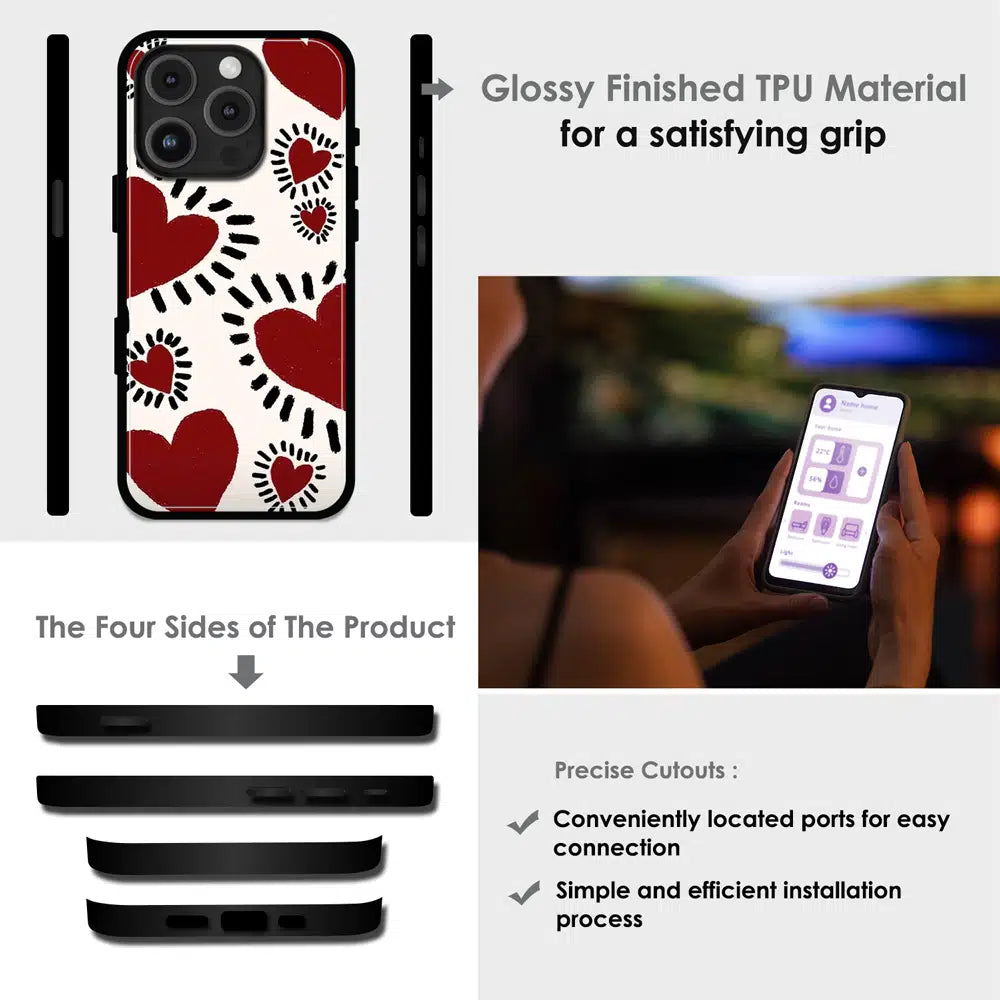 Red Heart Doodle Art - Glossy Metal Silicone Case For Apple iPhone Infographic