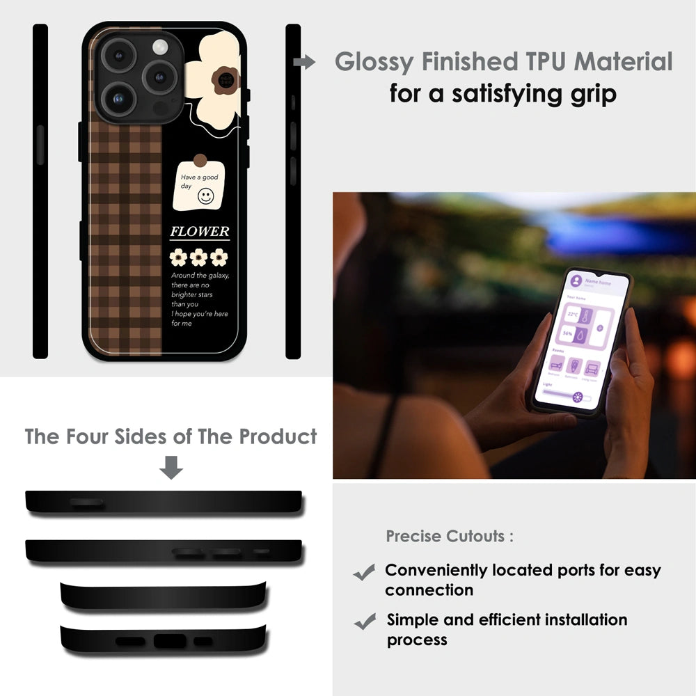 Brown Checkered Flower Quote - Glossy Metal Silicone Case For Apple iPhone Infographic