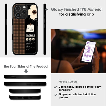 Brown Checkered Flower Quote - Glossy Metal Silicone Case For Apple iPhone Infographic