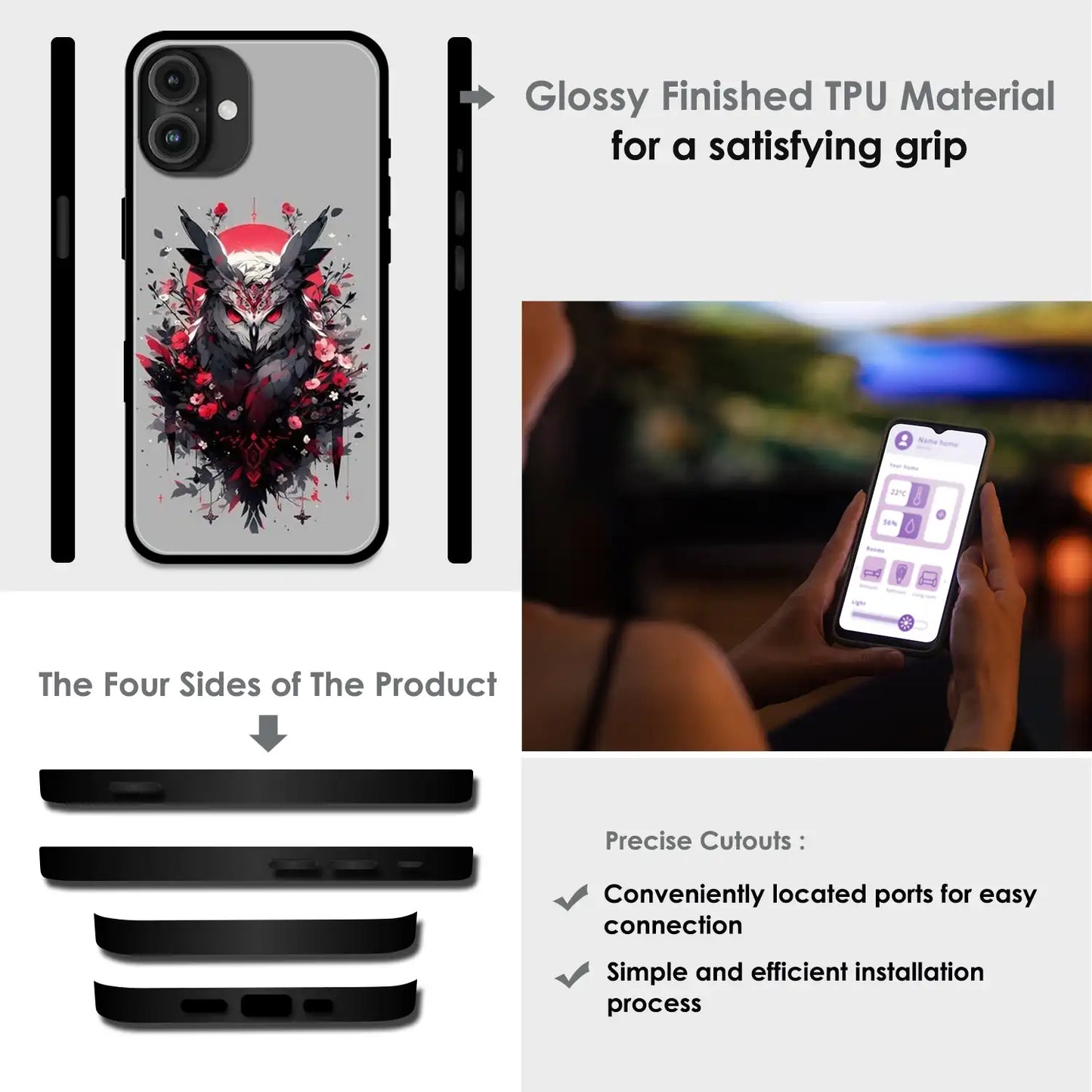 'Crimson Owl Mystique - Glossy Metal Silicone Case For Apple iPhone Infographic