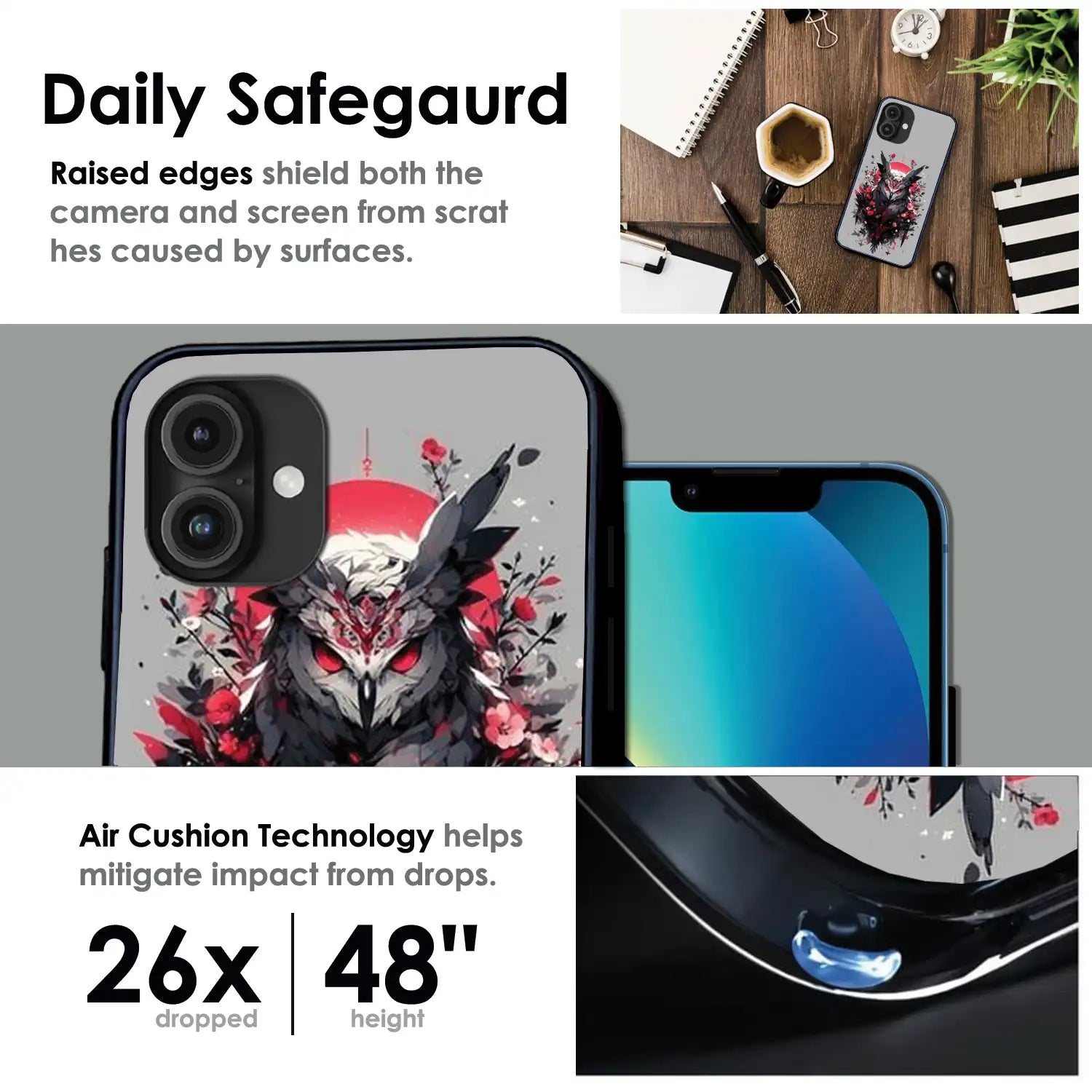 'Crimson Owl Mystique - Glossy Metal Silicone Case For Apple iPhone Infographic