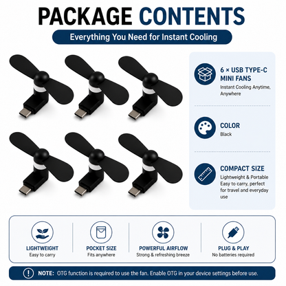 C-Type Mobile Fan Pack of 6 (Black)