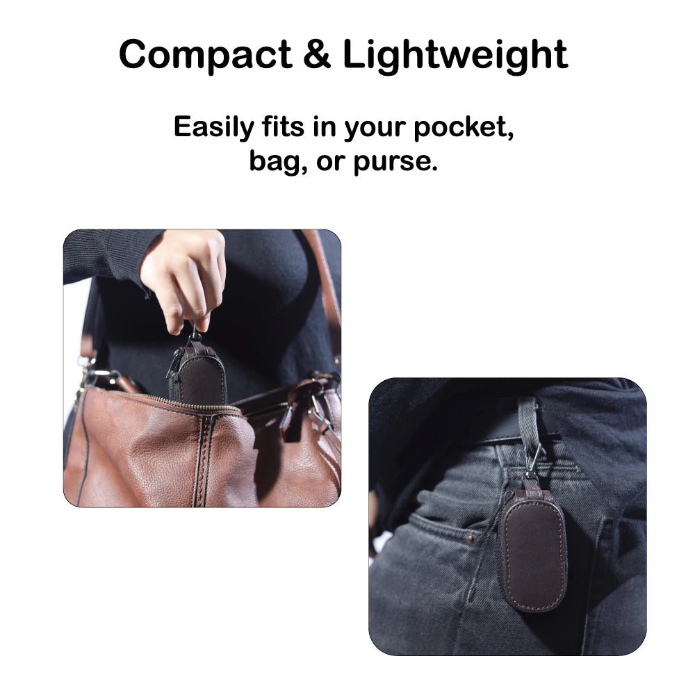 Black Leather Zipper Pouch with Keychain Hook for Earphones, Keys & Small Accessories Infographic