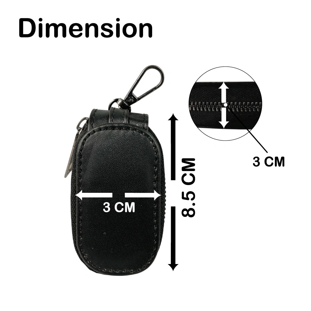 Black Leather Zipper Pouch with Keychain Hook for Earphones, Keys & Small Accessories Infographic