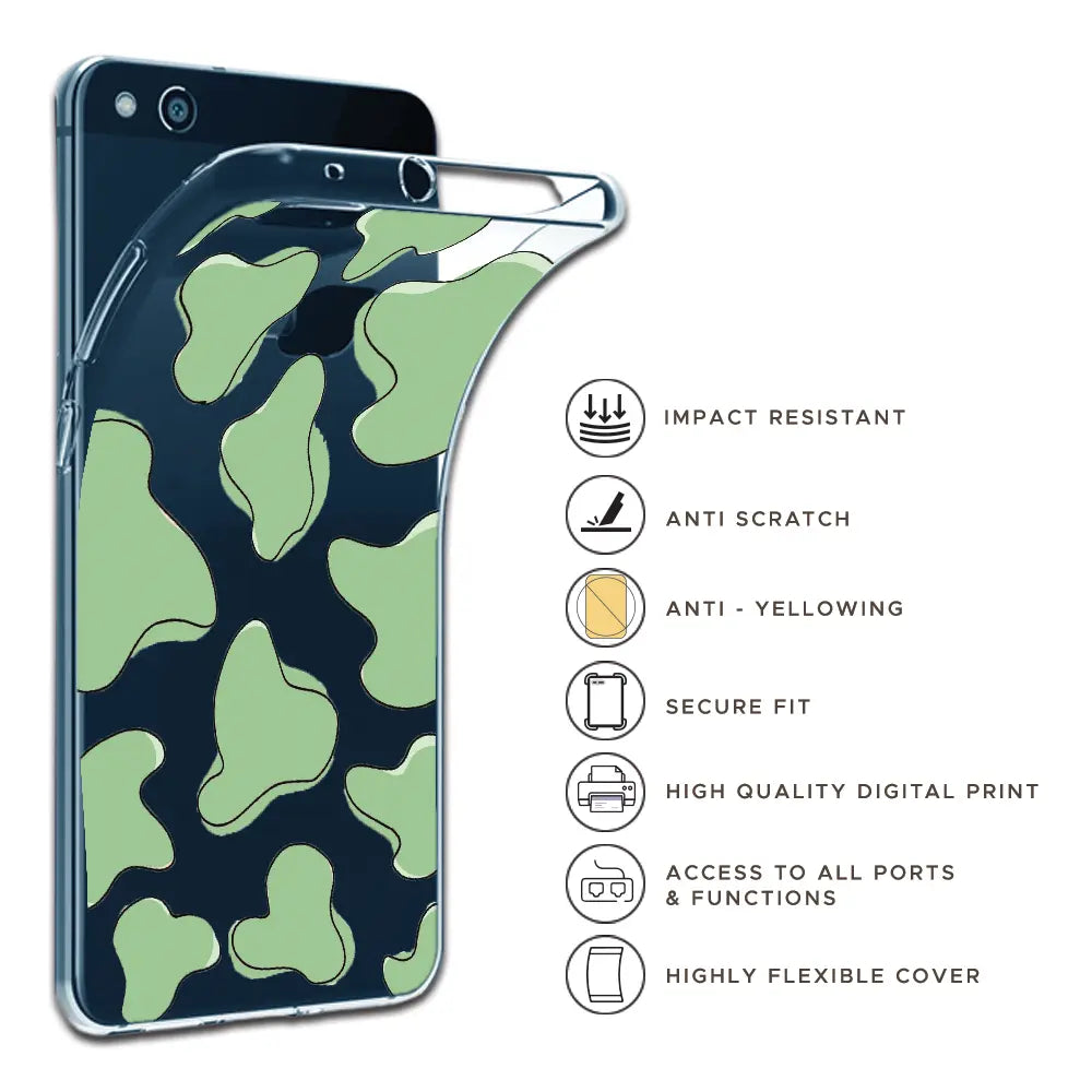 Green Cow Print - Clear Printed Silicone Case For Apple iPhone Models infographic