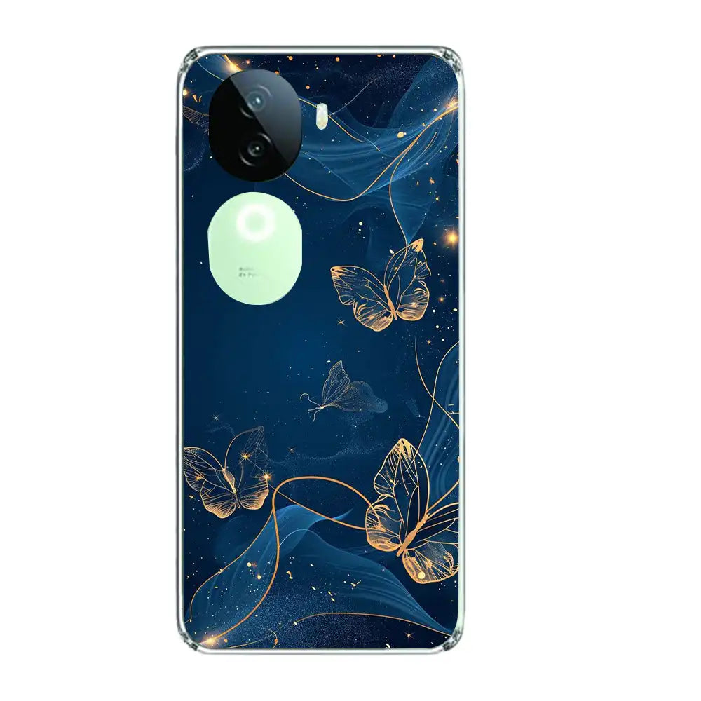 Blue With Gold Butterflies - Printed Silicone Case For IQOO Infographic