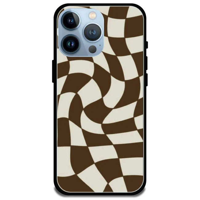 Brown Checks - Glossy Metal Silicone Case For Apple iPhone Models- Apple iPhone 15 Pro Max