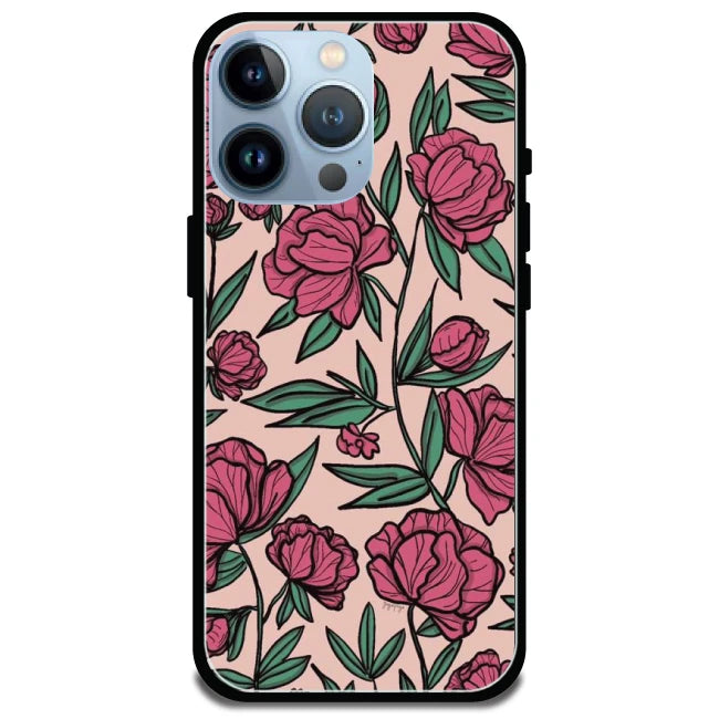 Pink Roses - Glossy Metal Silicone Case For Apple iPhone Models- Apple iPhone 15 Pro Max
