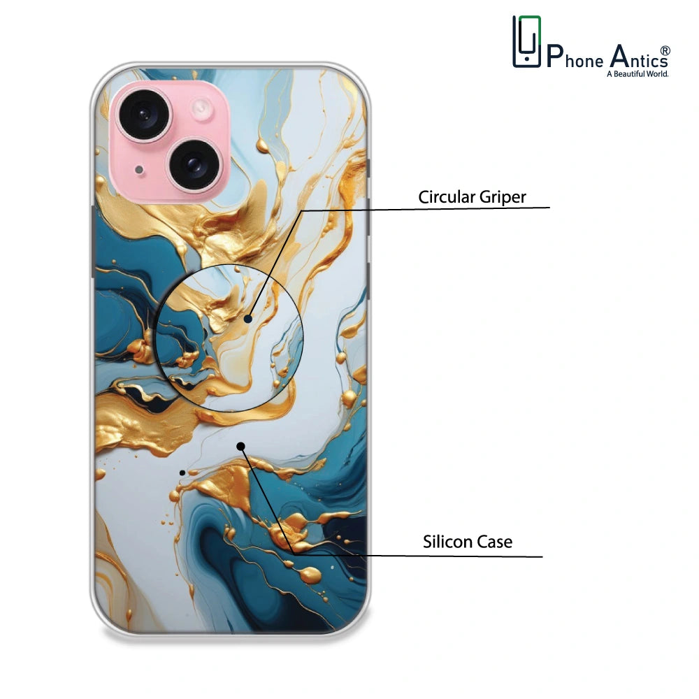 Blue and Gold Marble - Silicone Grip Case For Apple iPhone Models iPhone 15 infographic