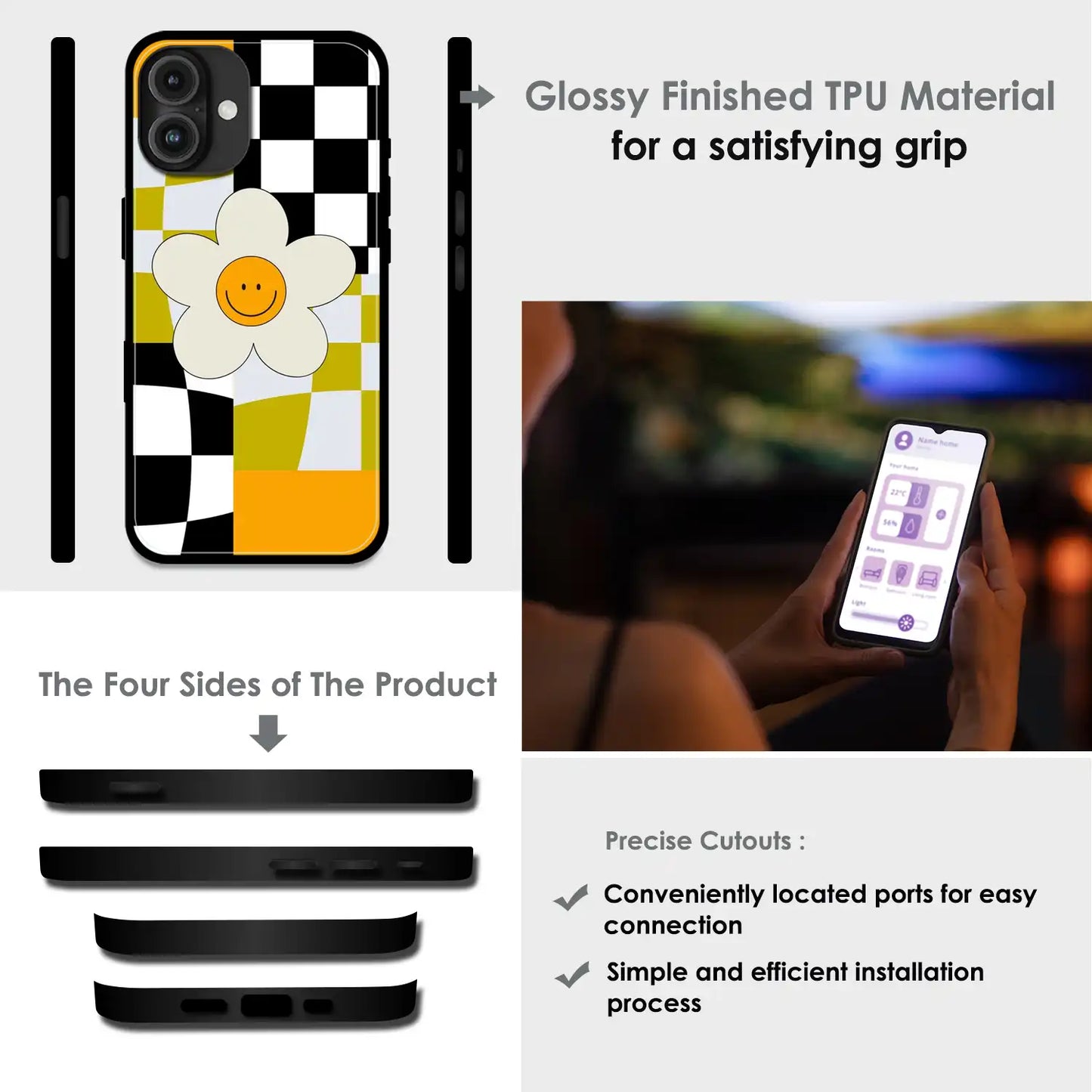 Smiley Flower - Glossy Metal Silicone Case For Apple iPhone Infographic