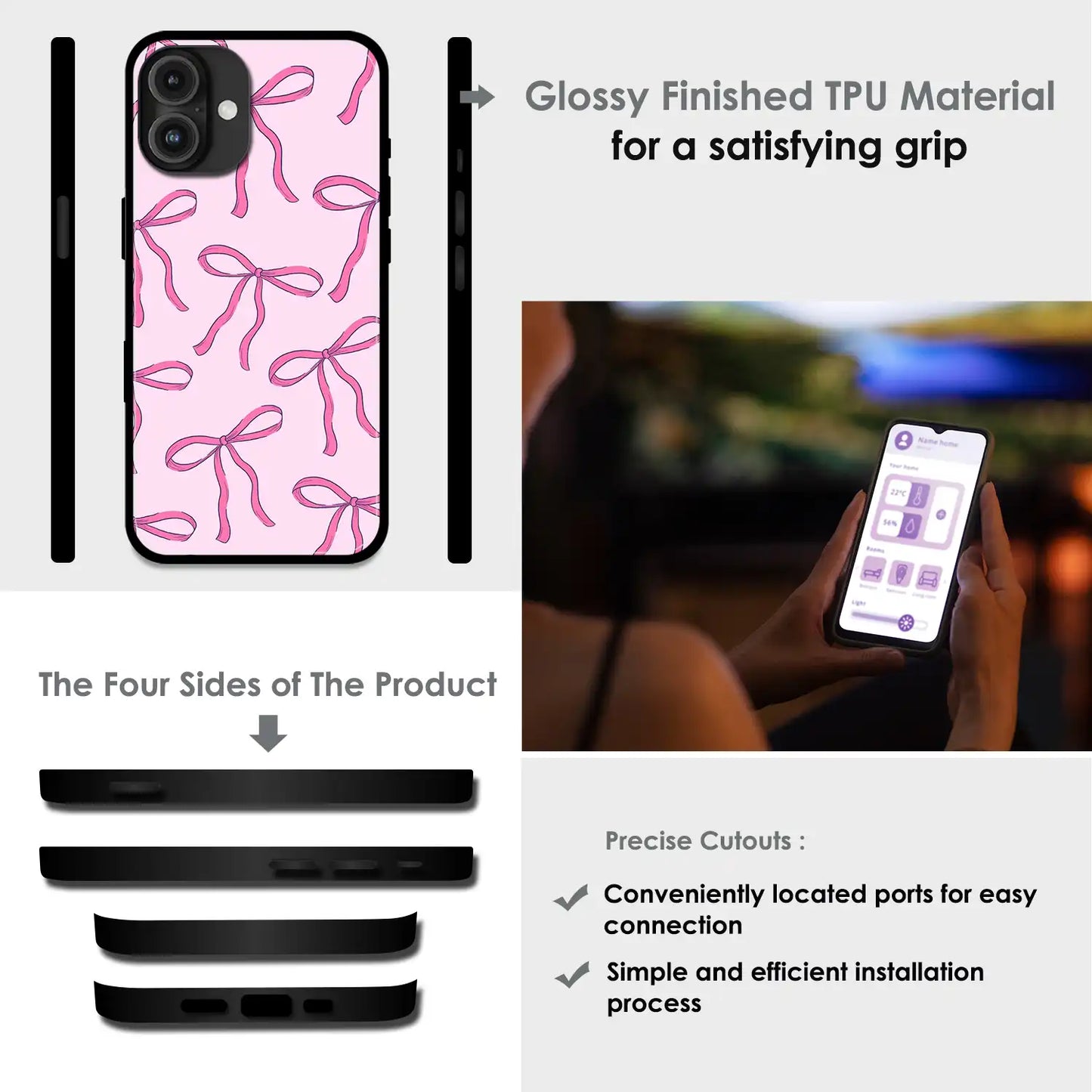 'Pink Bows - Glossy Metal Silicone Case For Apple iPhone Infographic