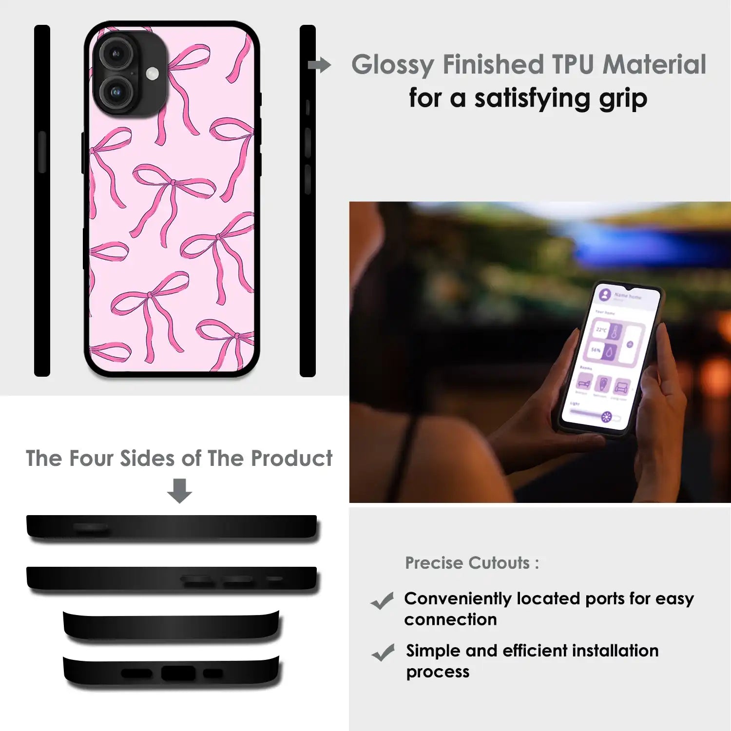 'Pink Bows - Glossy Metal Silicone Case For Apple iPhone Infographic