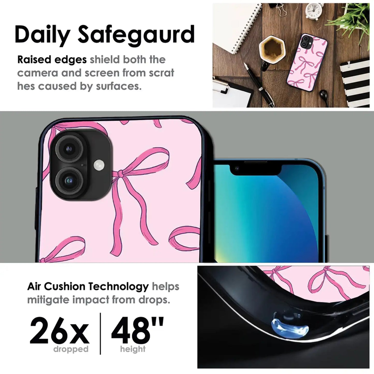 'Pink Bows - Glossy Metal Silicone Case For Apple iPhone Infographic